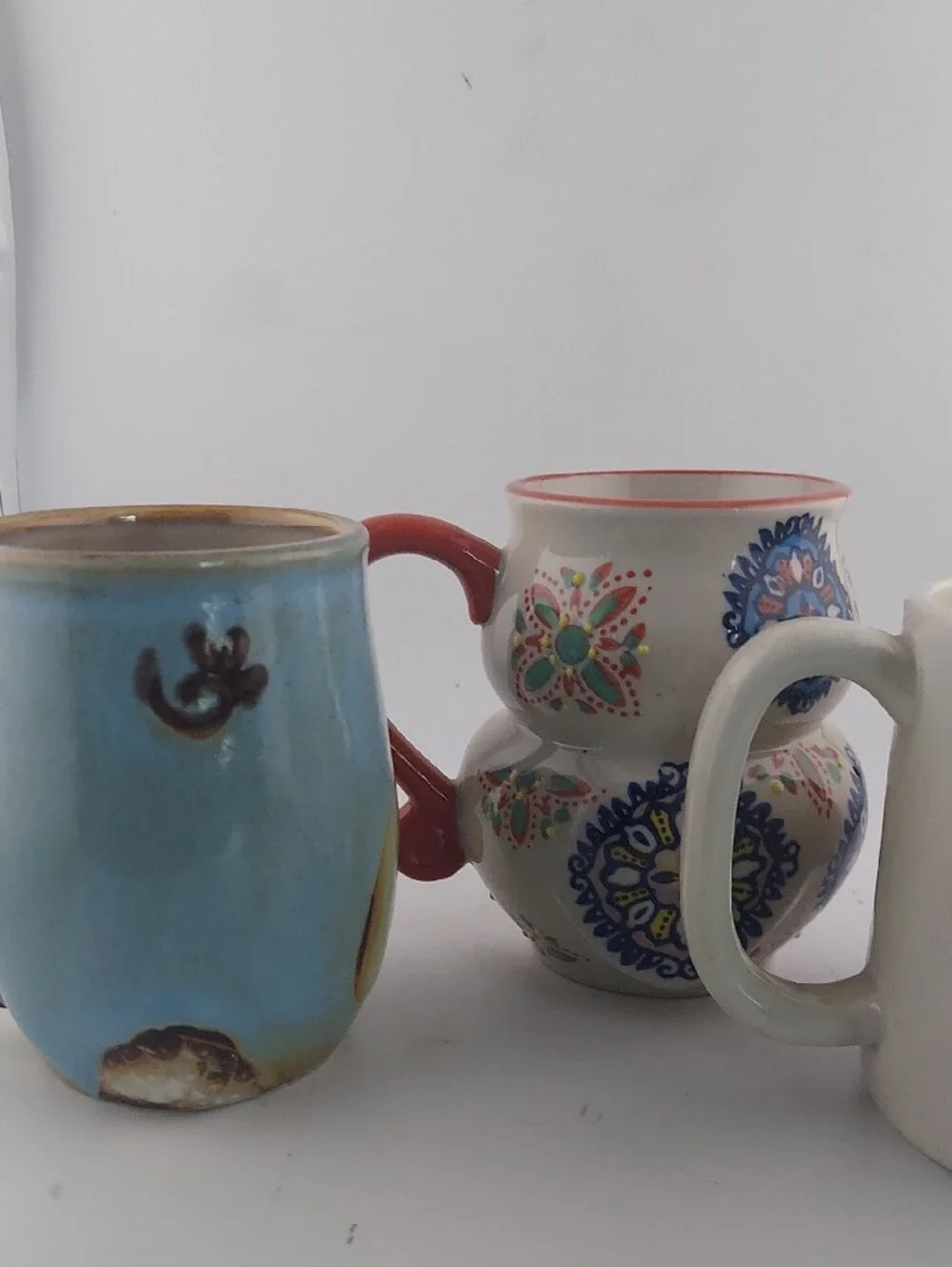Vintage Owl Mug Set - Blue, White, Cream with Coral Accent